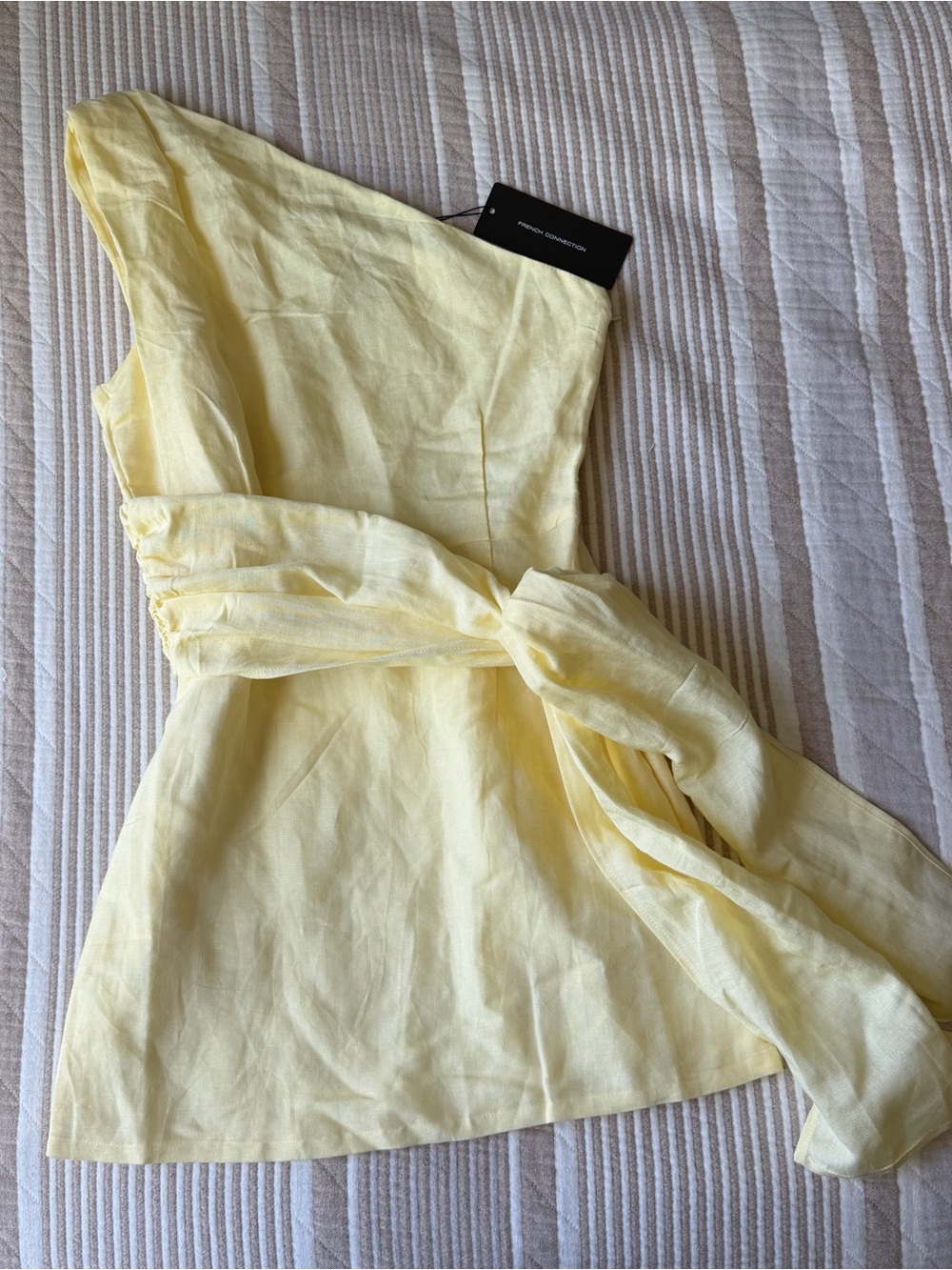 French Connection Pale Yellow One-Shoulder Tie-Waist Mini Dress Linen